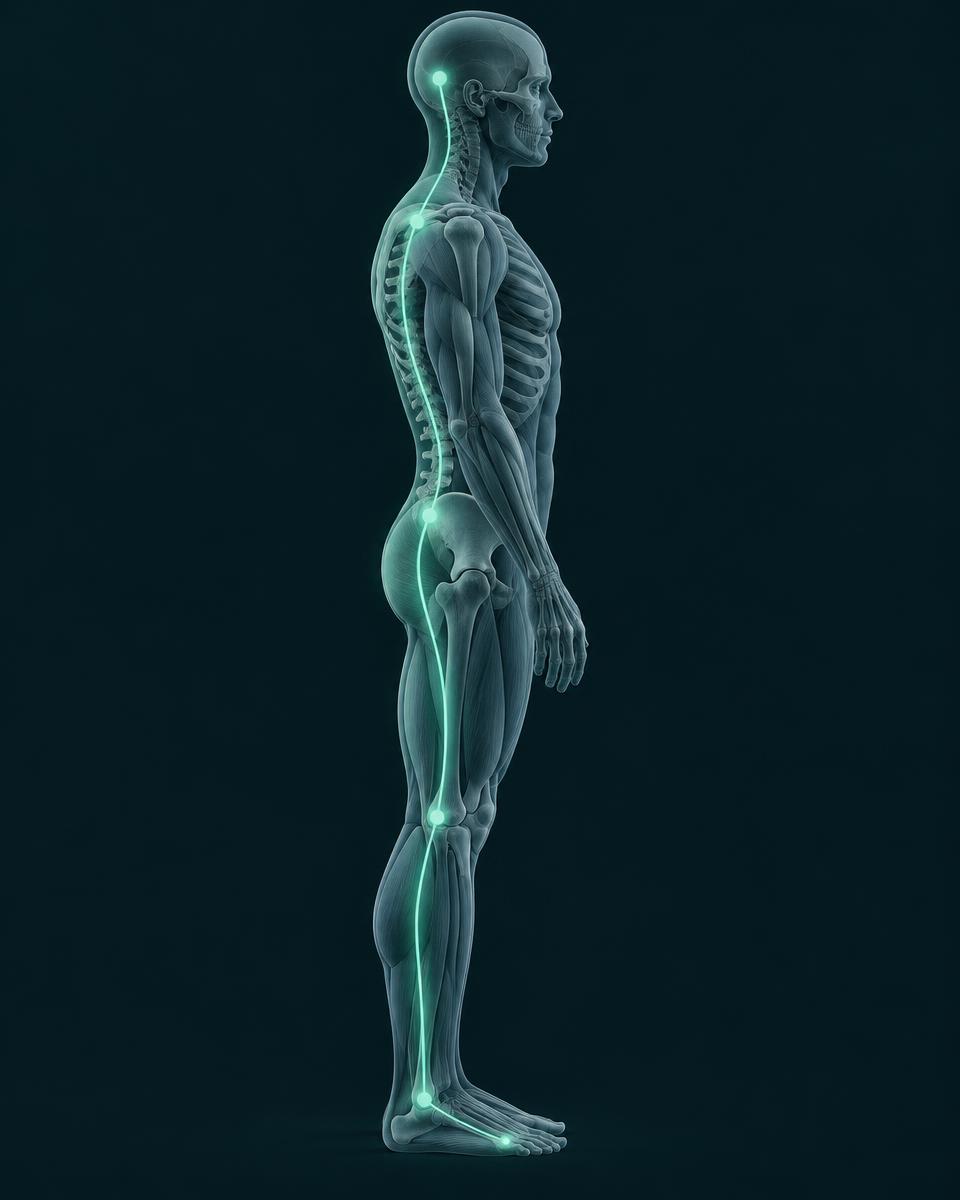 Anatomical illustration of the posterior kinetic chain, from foot and ankle through hip and spine to the neck and shoulder