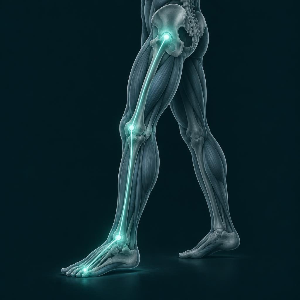 Anatomical illustration of the lower-limb kinetic chain, from foot and ankle through knee to hip and pelvis