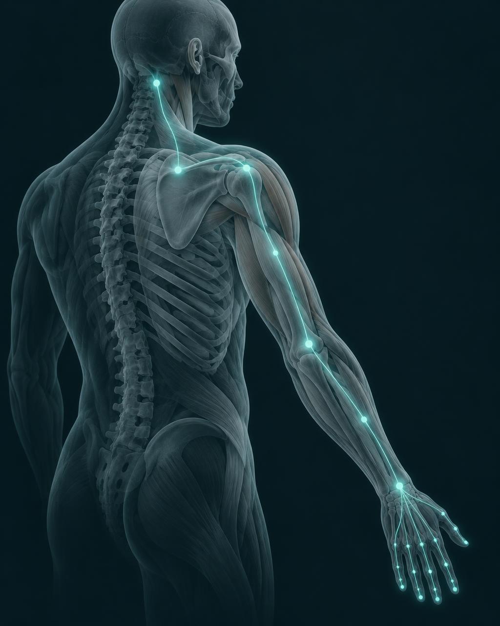 Anatomical illustration of the upper-body kinetic chain, from the neck through shoulder blade and ribcage to the hand